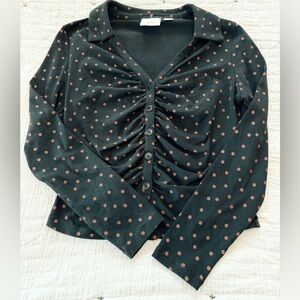 Anthropologie Maeve Black with Brown Polka Dot Button-Down Shirt size Large